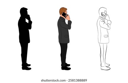 Image of a businessman using a smartphone. He stands in a relaxed pose, using his phone to communicate, check personal messages or surf the internet