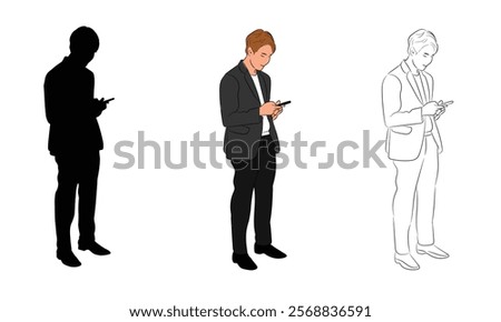 Image of a businessman using a smartphone. He stands in a relaxed pose, using his phone to communicate, check personal messages or surf the internet