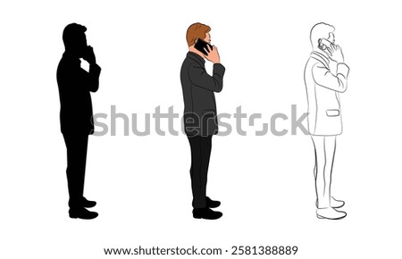 Image of a businessman using a smartphone. He stands in a relaxed pose, using his phone to communicate, check personal messages or surf the internet