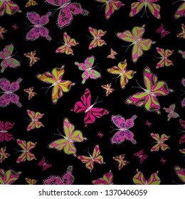 An image of butterflies. Doodle, sketch, scribble. Vector illustration. Tropical butterfly seamless pattern in magenta, black and green colors. In simple style.