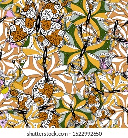 An image of butterflies. Doodle, sketch, scribble. Tropical butterfly seamless pattern in orange, black and white colors. Vector illustration. In simple style.