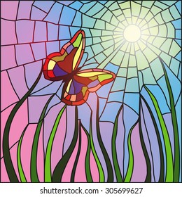 The image of the butterfly flying to the sun, executed in equipment of a stained-glass window. Vector illustration.