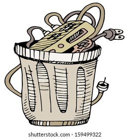 An image of a cable television box in the trash.
