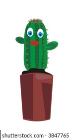 The image of a cactus in a pot, drawn in animated style. The plant has eyes and a mouth. It can be used as the character or a part of a collage and a composition