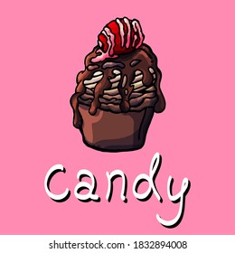 Image of a cake with a berry on a pink background, cartoon style, pink, pastry, cupcake, dessert, delicious, sweet, poster, banner, postcard, pastry shop, shop, holiday, tasty, chocolate, strawberry
