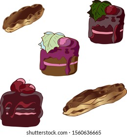 
Image of cakes. Biscuits and eclairs. Set. Vector illustration.