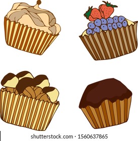 
Image of cakes. Cake baskets, cream tartlets. Set. Vector illustration.