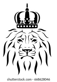 Image of a calm lion looking in the face. black and white image. Crown on the head of a lion