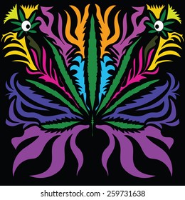 Image of cannabis leaf in abstract style, done in a slightly psychedelic manner