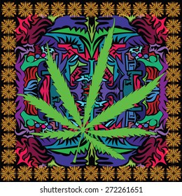 Image of cannabis leaf in abstract style, done in a slightly psychedelic manner