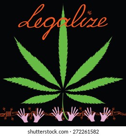 Image of Cannabis leaf, barbed wire, hands and word Legalize in abstract style