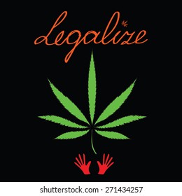 Image of cannabis leaf, hands and word Legalize in abstract style
