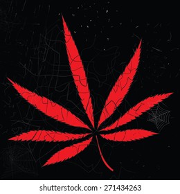 Image of cannabis leaf, scratches and spiderweb in abstract style