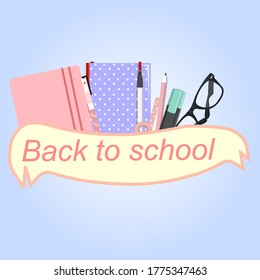 Image caption Return to school and stationery on blue background, vector chart