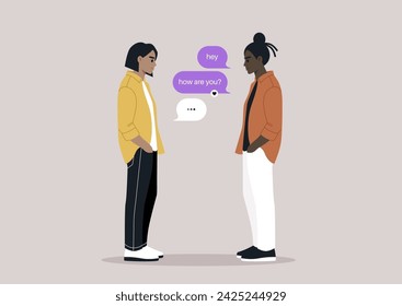 The image captures a modern interaction of two friends exchanging greetings through text bubbles, showcasing the blend of digital communication with face-to-face encounter