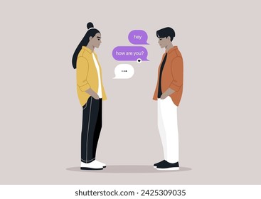 The image captures a modern interaction of two friends exchanging greetings through text bubbles, showcasing the blend of digital communication with face-to-face encounter