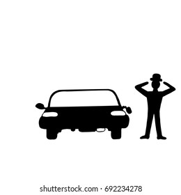 image of car with broken mirror. Black silhouette on white background.