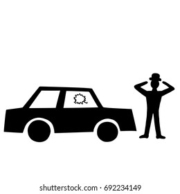 Image of car with broken window. Black silhouette  on white background