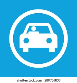 Image of car with driver in circle, isolated on blue
