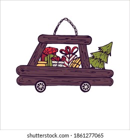 An image of a car with gifts. Christmas wooden car with a Christmas tree, surprise. Cute illustration in hand-drawn Scandinavian style. Beautiful New Year's palette. ideal for any print, sticker.