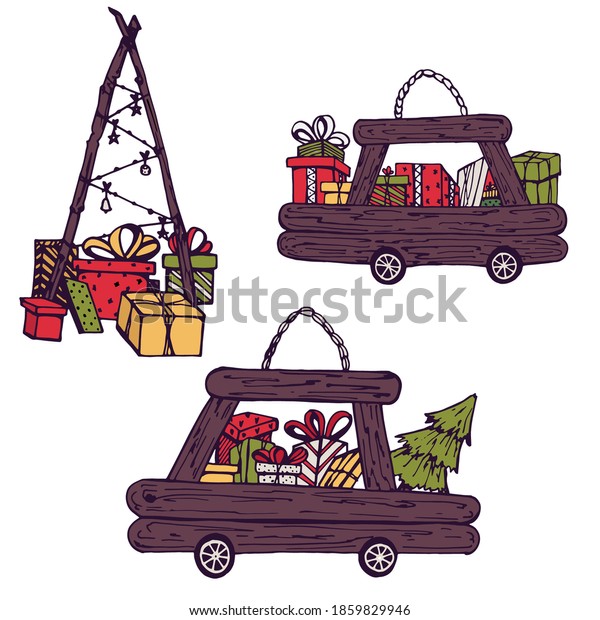 An image of a car with gifts. Christmas wooden\
car with a Christmas tree, surprise. Cute illustration in\
hand-drawn Scandinavian style. Beautiful New Year\'s palette. ideal\
for any print, sticker.