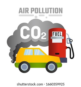 Imagen de un camión con un motor de combustión interna que emite una nube de humo de escape contra el fondo de una estación de gas. Ilustración vectorial plana.