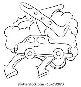 An image of a car and plane travel drawing.