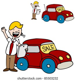 An image of a car salesman using his digital tablet device.