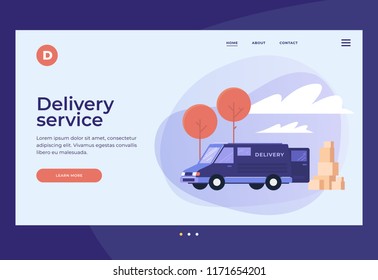 Image of car with unloaded goods. Provision of services and logistics. Transport services for delivery of goods. Title for website. Homepage. Vector illustration.