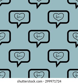 Image of cardiogram in heart contour in chat bubble, repeated on pale blue background