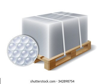 Image of cargo wrapped bubble wrap on wooden pallet. Symbol transport shipping. Vector illustration