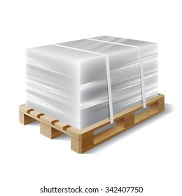 Image of cargo wrapped plastic stretch film on wooden pallet. Symbol transport shipping. Vector illustration