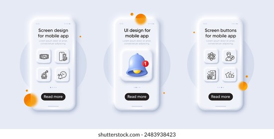 Carrusel de Imagen, paquete de iconos de línea de estrellas y átomos. maquetas de teléfono 3d con alerta de campana. Pantalla de cristal para smartphone. Teléfono de pago, embajador de la marca, Web del reloj de alarma. Vector