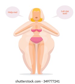 Image of cartoon beautiful fit woman with blonde hair locked in her fat like a prison. vector illustration