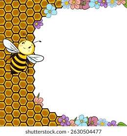 Image of cartoon bee on honeycomb with flowers. Place for your text. For postcard, print, greeting, cover and much more.
