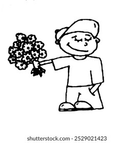 Imagen de un niño de dibujos animados con flores, Vector