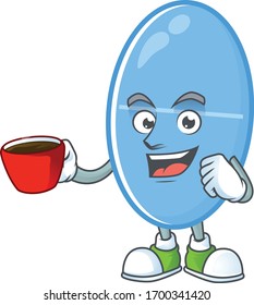 An image cartoon character of blue capsule with a cup of coffee