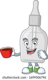 An image cartoon character of bottle with pipette with a cup of coffee