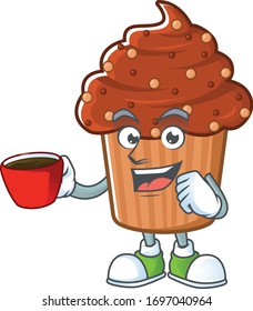 An image cartoon character of chocolate cupcake with a cup of coffee
