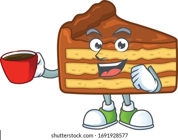An image cartoon character of chocolate slice cake with a cup of coffee