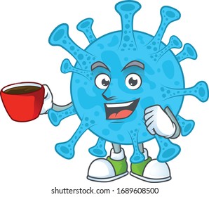 An image cartoon character of coronavirus backteria with a cup of coffee