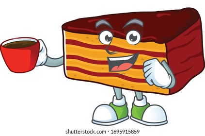 An image cartoon character of dobos torte with a cup of coffee