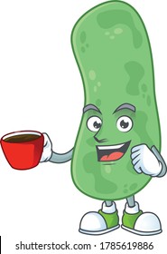 An image cartoon character of enterobacteriaceae with a cup of coffee. Vector illustration