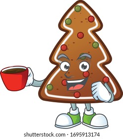 Ein Bildcartoon-Charakter von Lebkuchenbaum mit einer Tasse Kaffee