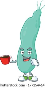 An image cartoon character of helicobacter pylory with a cup of coffee. Vector illustration