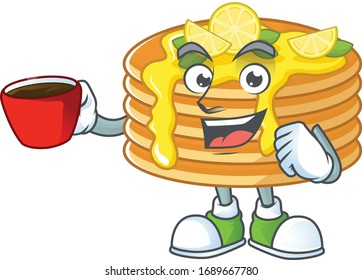 An image cartoon character of lemon cream pancake with a cup of coffee