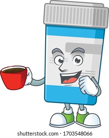 An image cartoon character of medical bottle with a cup of coffee An image cartoon character of medical bottle with a cup of coffee
