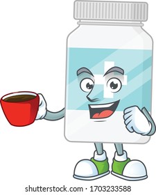 An image cartoon character of supplement bottle with a cup of coffee