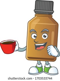 An image cartoon character of syrup cure bottle with a cup of coffee