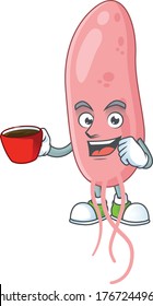 An image cartoon character of vibrio cholerae with a cup of coffee. Vector illustration